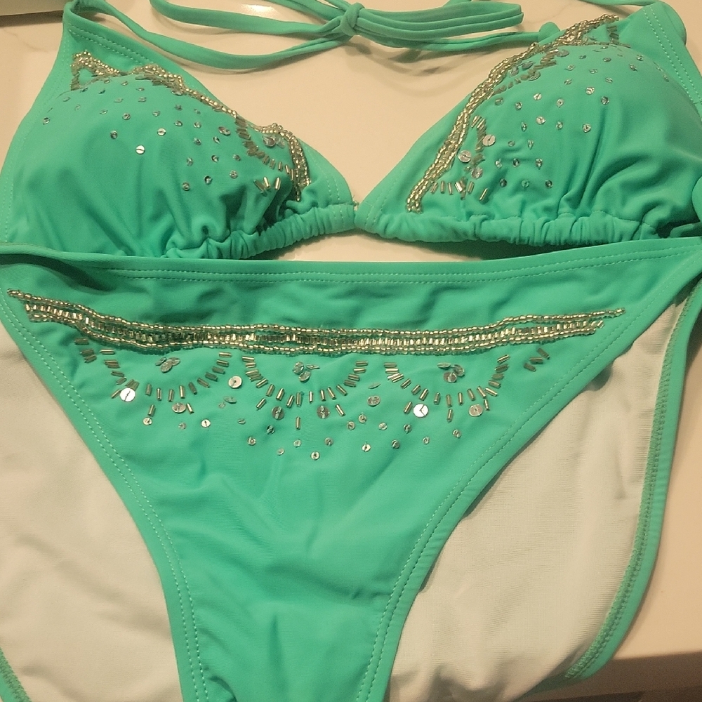 Elegant Embellished Teal Bikini Set